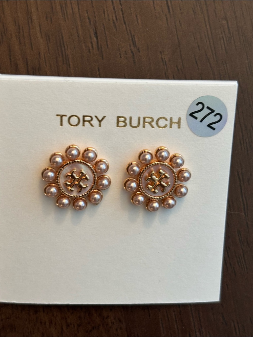 Tory Burch rose gold plated Floral Logo Studs with Pink Pearlescent Accents